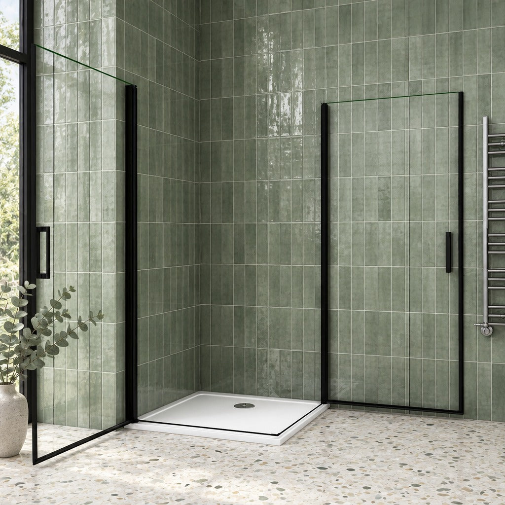 Cabine de douche pivotante accès d'angle – en situation dans une salle de bain