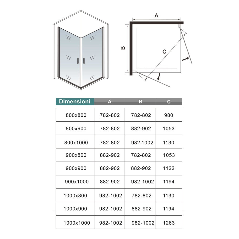 Cabine de douche pivotante accès d'angle – schéma et dimensions