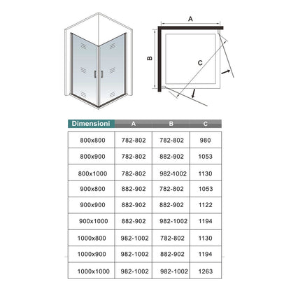 Cabine de douche pivotante accès d'angle – schéma et dimensions