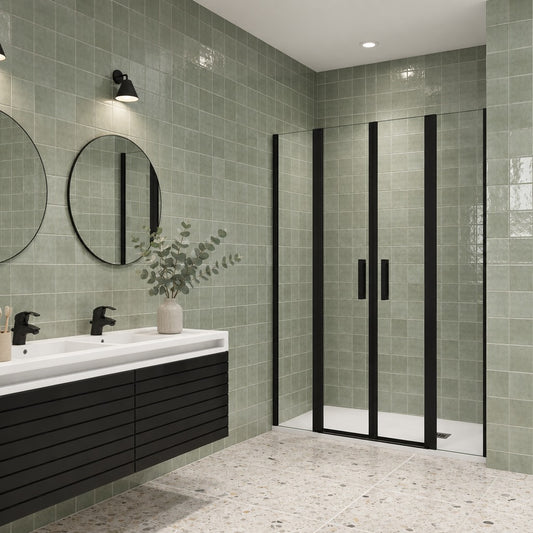 Porte de douche battante avec 2 éléments fixes pour niche – en situation dans une salle de bain