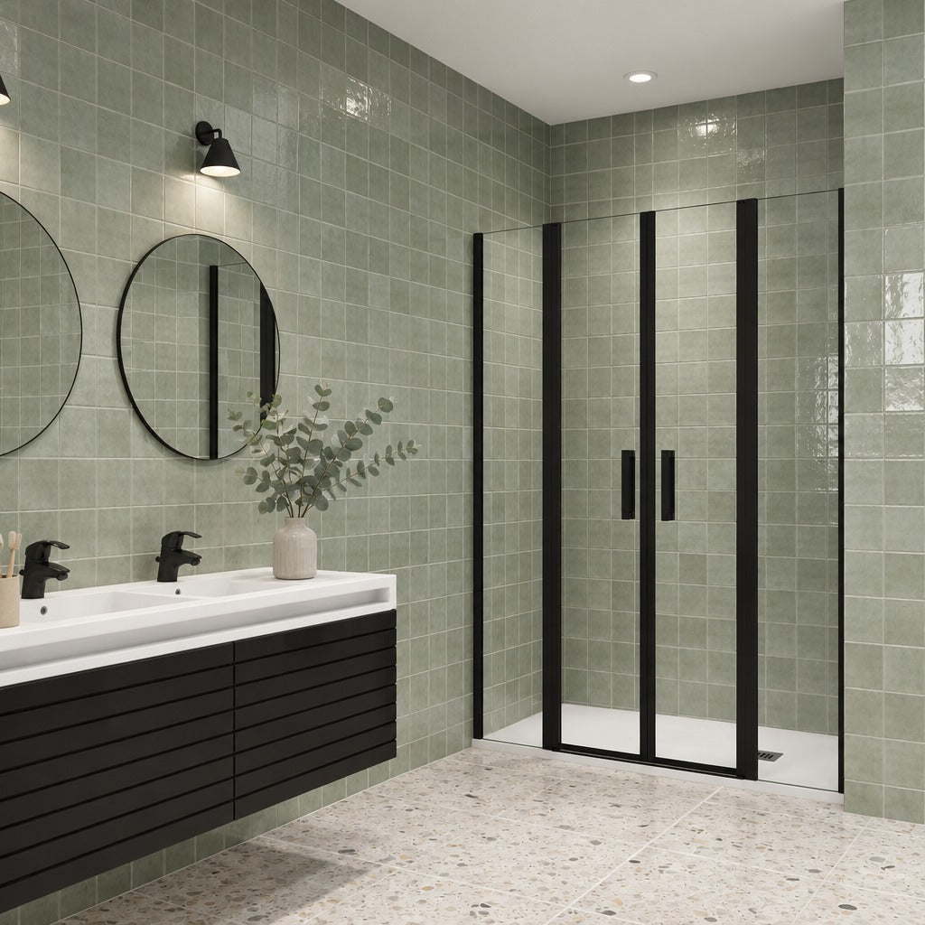 Porte de douche battante avec 2 éléments fixes pour niche – en situation dans une salle de bain