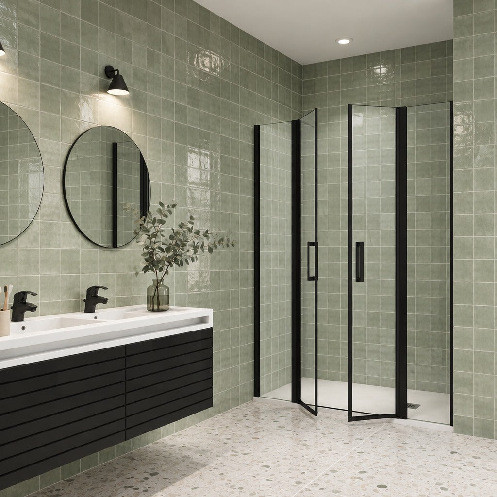 Porte de douche battante avec 2 éléments fixes pour niche – en situation dans une salle de bain