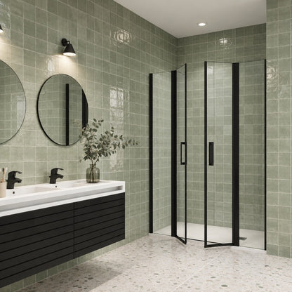 Porte de douche battante avec 2 éléments fixes pour niche – en situation dans une salle de bain