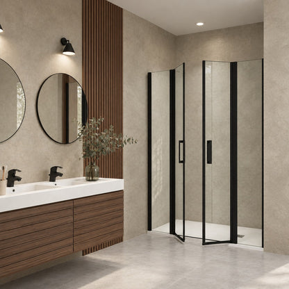 Porte de douche battante avec 2 éléments fixes pour niche – en situation dans une salle de bain