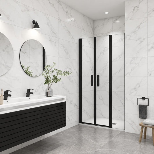 Porte de douche battante avec élément fixe pour niche – en situation dans une salle de bain