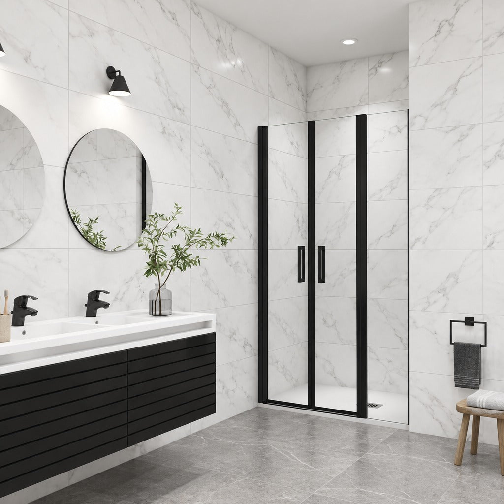 Porte de douche battante avec élément fixe pour niche – en situation dans une salle de bain