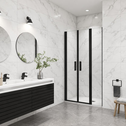 Porte de douche battante avec élément fixe pour niche – en situation dans une salle de bain