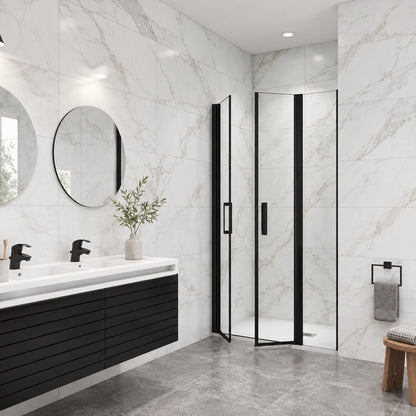 Porte de douche battante avec élément fixe pour niche – en situation dans une salle de bain