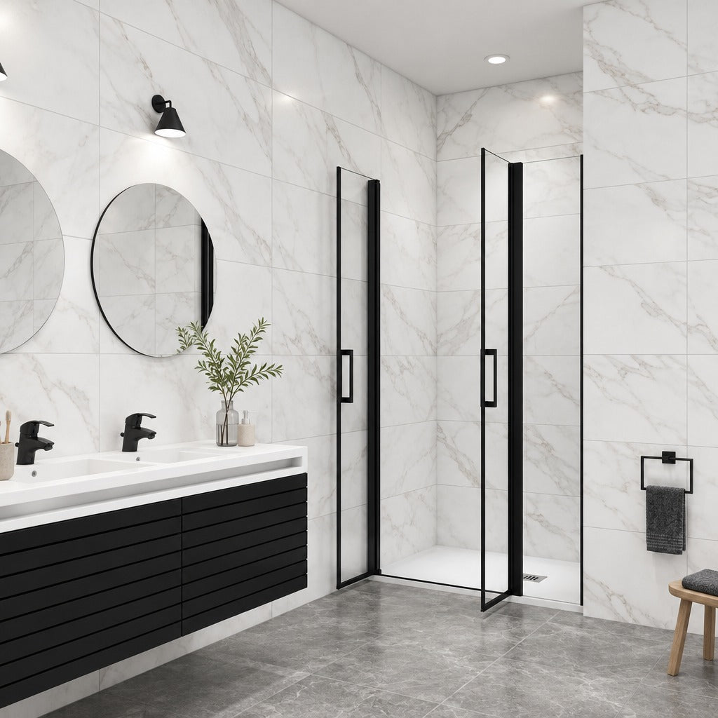 Porte de douche battante avec élément fixe pour niche – en situation dans une salle de bain