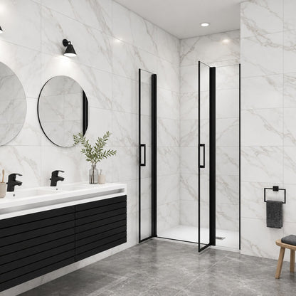 Porte de douche battante avec élément fixe pour niche – en situation dans une salle de bain
