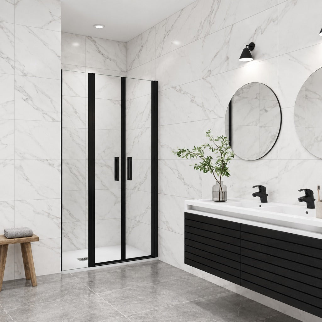 Porte de douche battante avec élément fixe pour niche – en situation dans une salle de bain