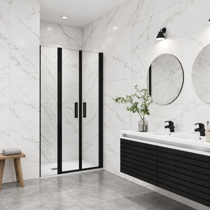 Porte de douche battante avec élément fixe pour niche – en situation dans une salle de bain