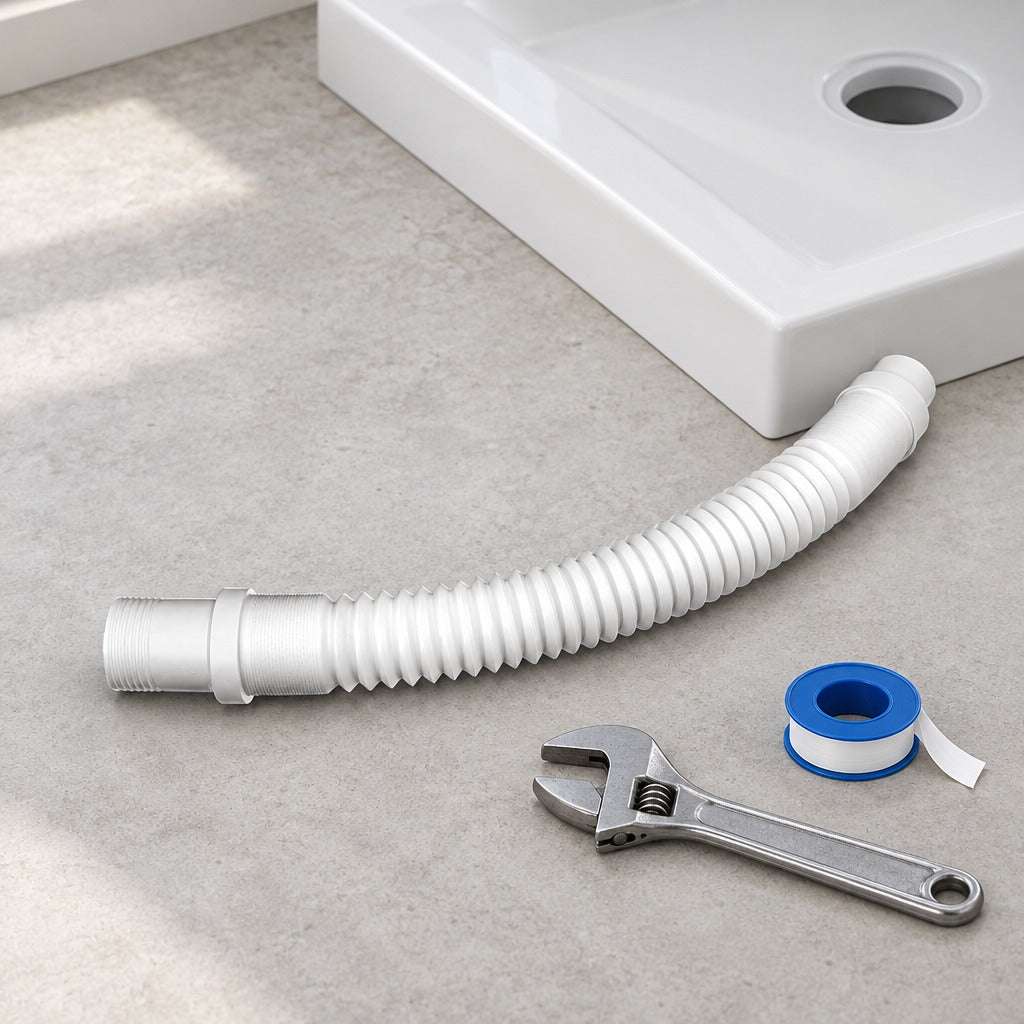 Tuyau flexible 90 cm pour bonde de receveur de douche – en situation sur chantier