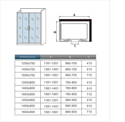 Cabine de douche coulissante accès d'angle – schéma et dimensions