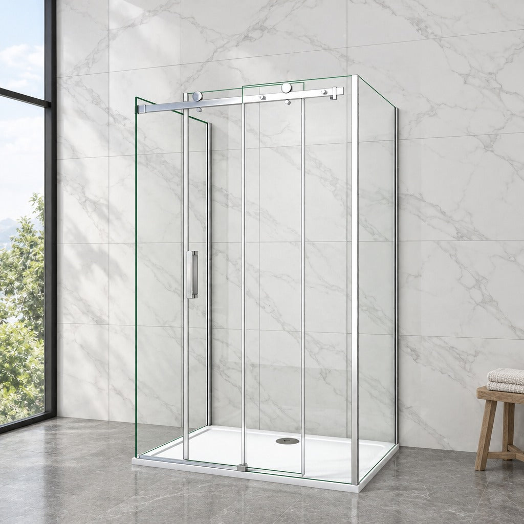 Cabine de douche coulissante en U avec 2 parois latérales – en situation dans une salle de bain