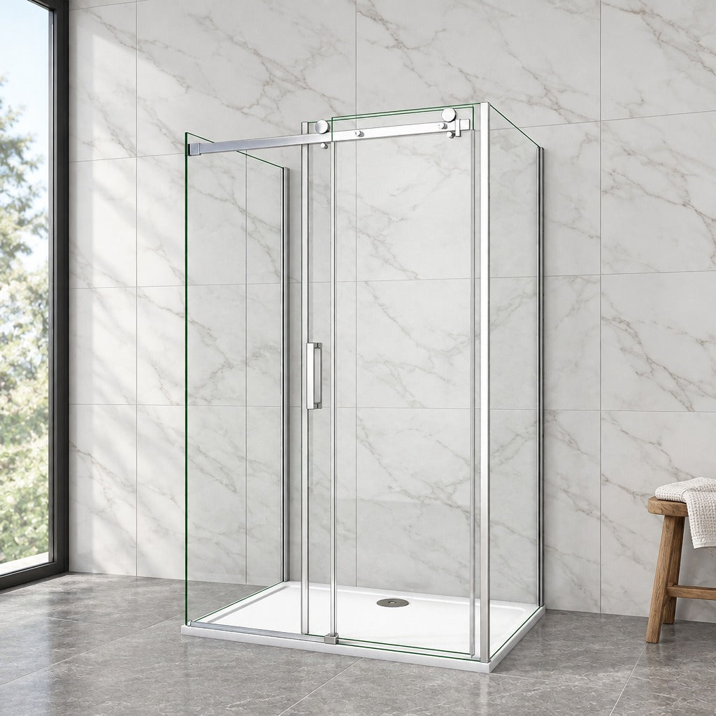 Cabine de douche coulissante en U avec 2 parois latérales – en situation dans une salle de bain