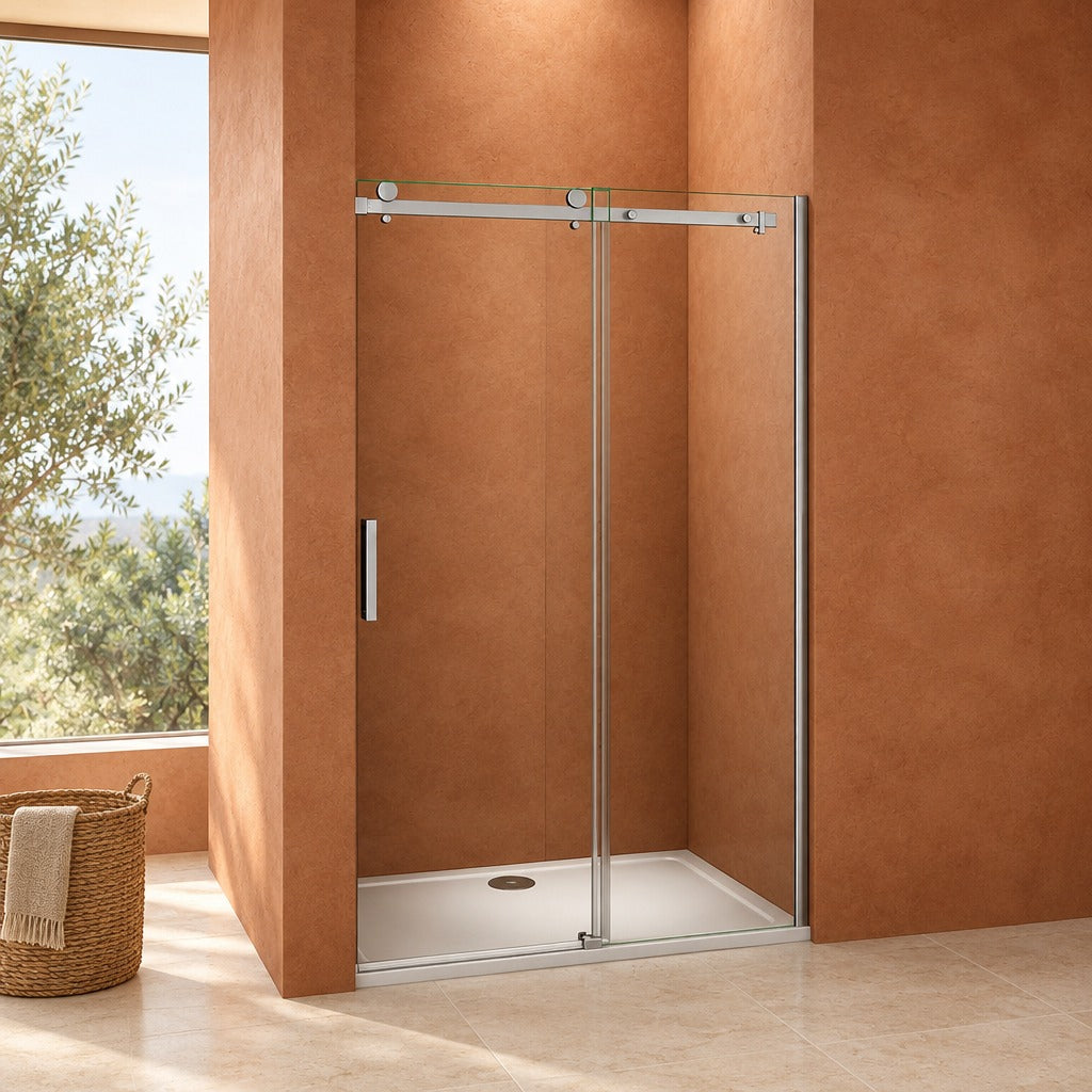 Porte de douche coulissante avec paroi fixe pour niche – en situation dans une salle de bain