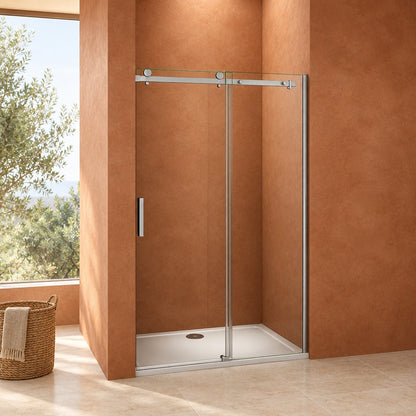Porte de douche coulissante avec paroi fixe pour niche – en situation dans une salle de bain
