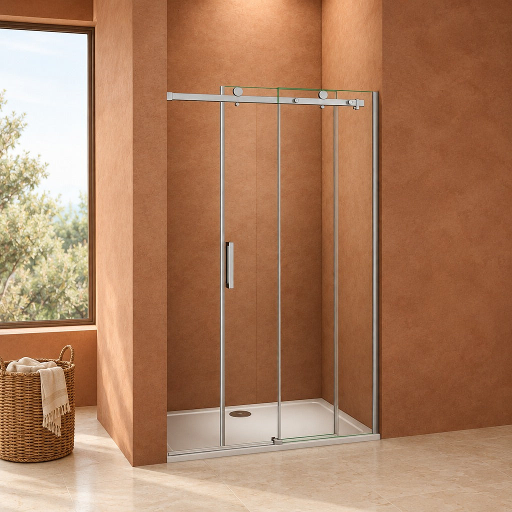 Porte de douche coulissante avec paroi fixe pour niche – en situation dans une salle de bain
