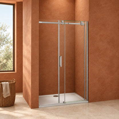 Porte de douche coulissante avec paroi fixe pour niche – en situation dans une salle de bain