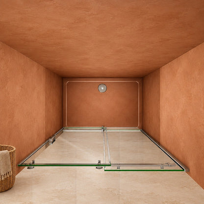 Porte de douche coulissante avec paroi fixe pour niche – en situation dans une salle de bain
