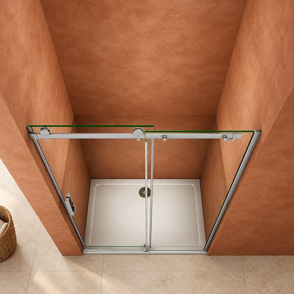 Porte de douche coulissante avec paroi fixe pour niche – en situation dans une salle de bain