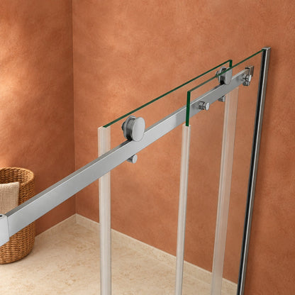 Porte de douche coulissante avec paroi fixe pour niche – en situation dans une salle de bain