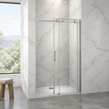 Porte de douche coulissante avec paroi fixe pour niche – en situation dans une salle de bain