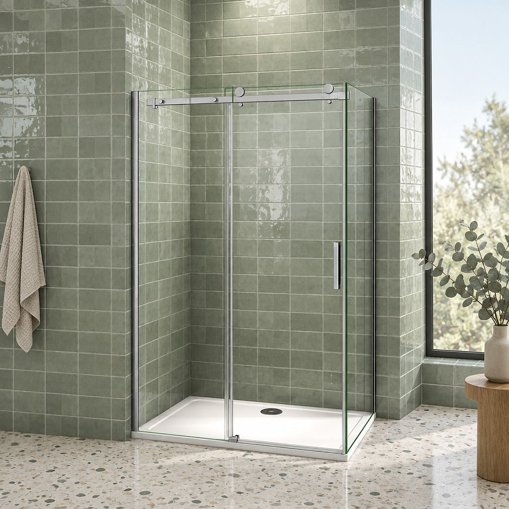 Cabine de douche coulissante accès d'angle – en situation dans une salle de bain