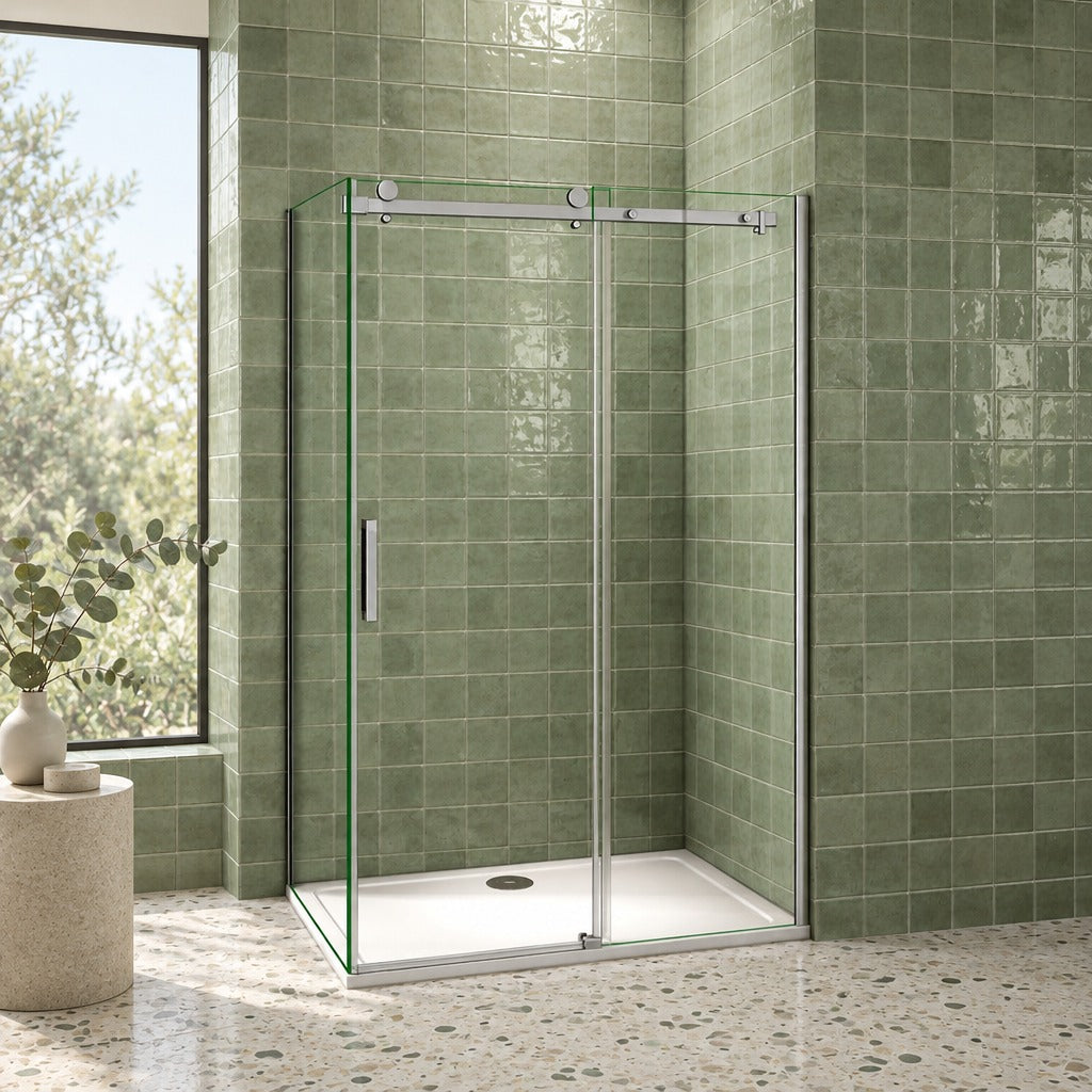 Cabine de douche coulissante accès d'angle – en situation dans une salle de bain