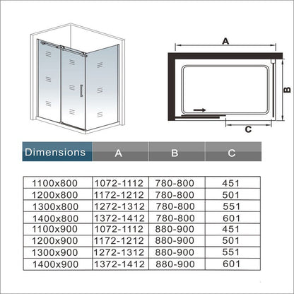Cabine de douche coulissante accès d'angle – schéma et dimensions