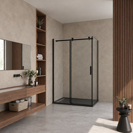 Cabine de douche coulissante accès d'angle – en situation dans une salle de bain