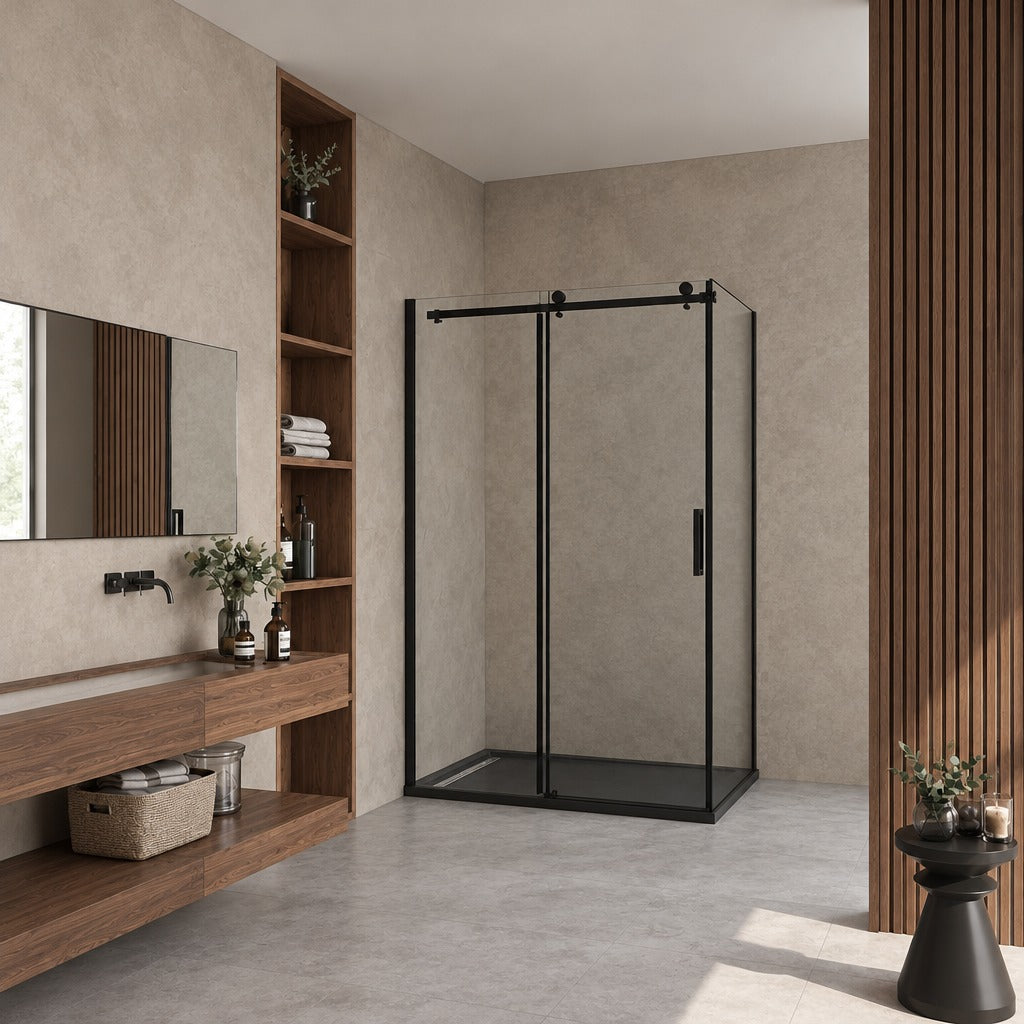 Cabine de douche coulissante accès d'angle – en situation dans une salle de bain