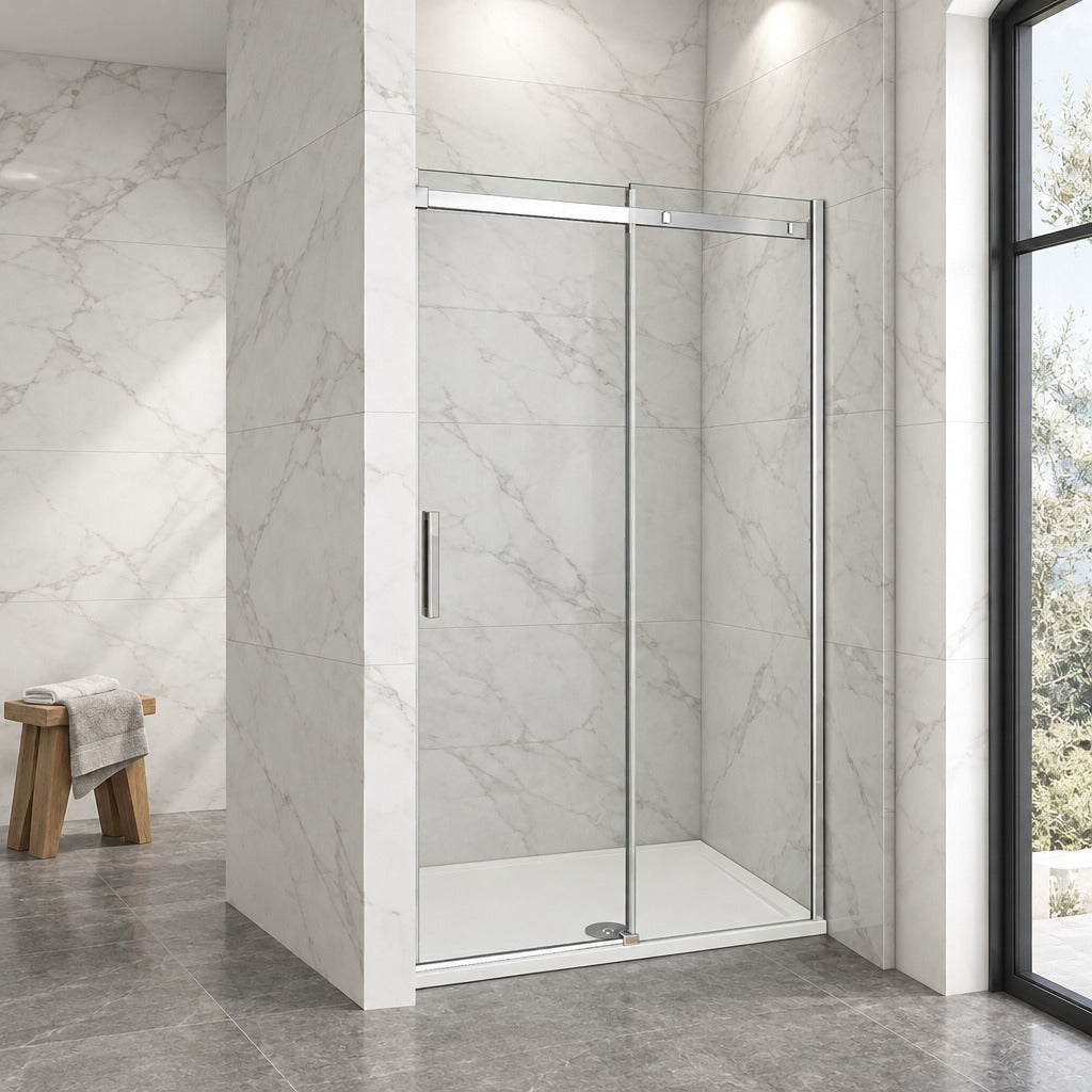 Porte de douche coulissante avec paroi fixe pour niche – en situation dans une salle de bain