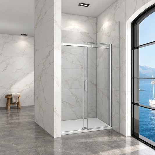 Porte de douche coulissante avec paroi fixe pour niche – en situation dans une salle de bain