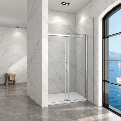 Porte de douche coulissante avec paroi fixe pour niche – en situation dans une salle de bain