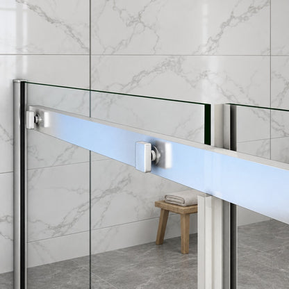 Porte de douche coulissante avec paroi fixe pour niche – en situation dans une salle de bain