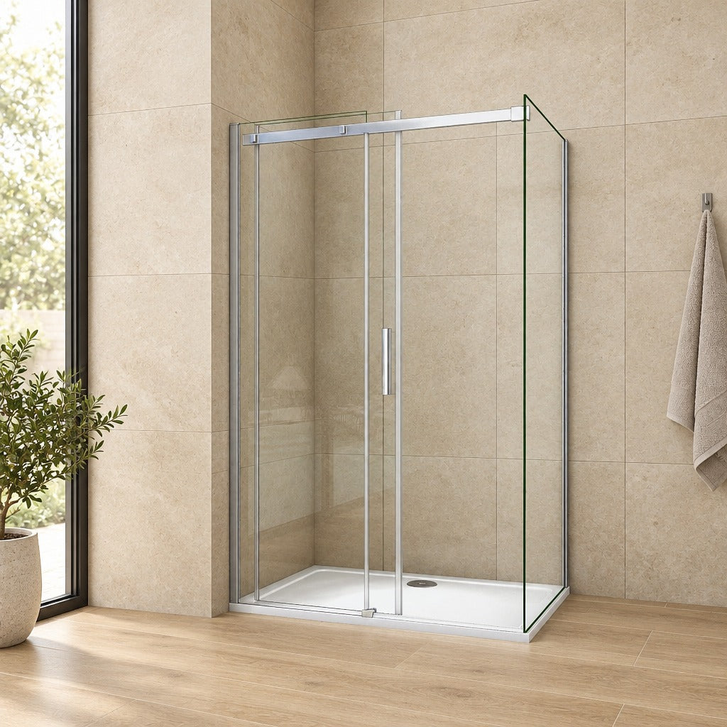 Cabine de douche coulissante accès d'angle – en situation dans une salle de bain