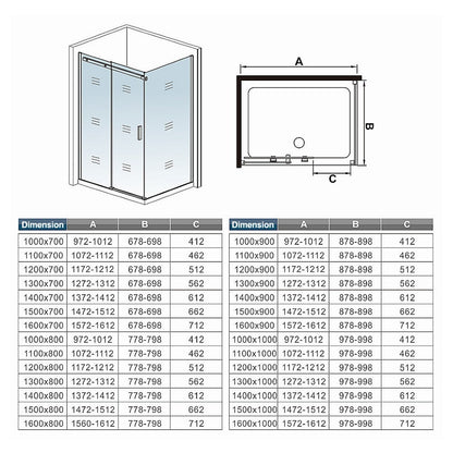 Cabine de douche coulissante accès d'angle – schéma et dimensions