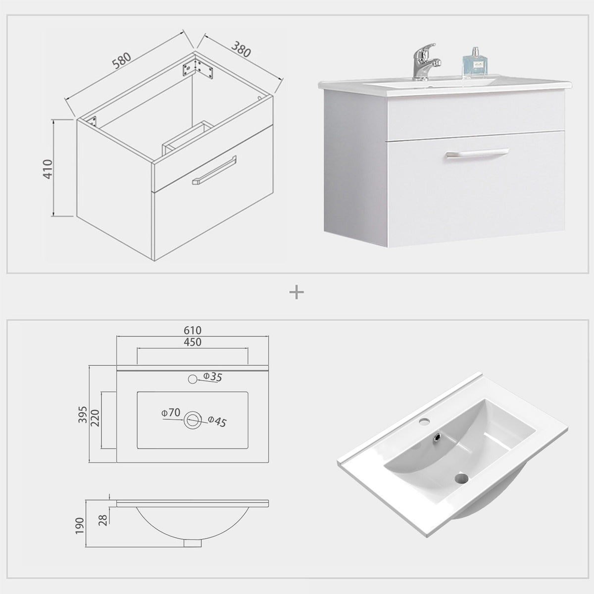 Meuble sous-vasque suspendu 58 cm avec vasque en céramique – vue produit et dimensions