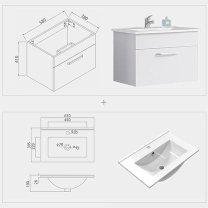 Meuble sous-vasque suspendu 58 cm avec vasque en céramique – vue produit et dimensions