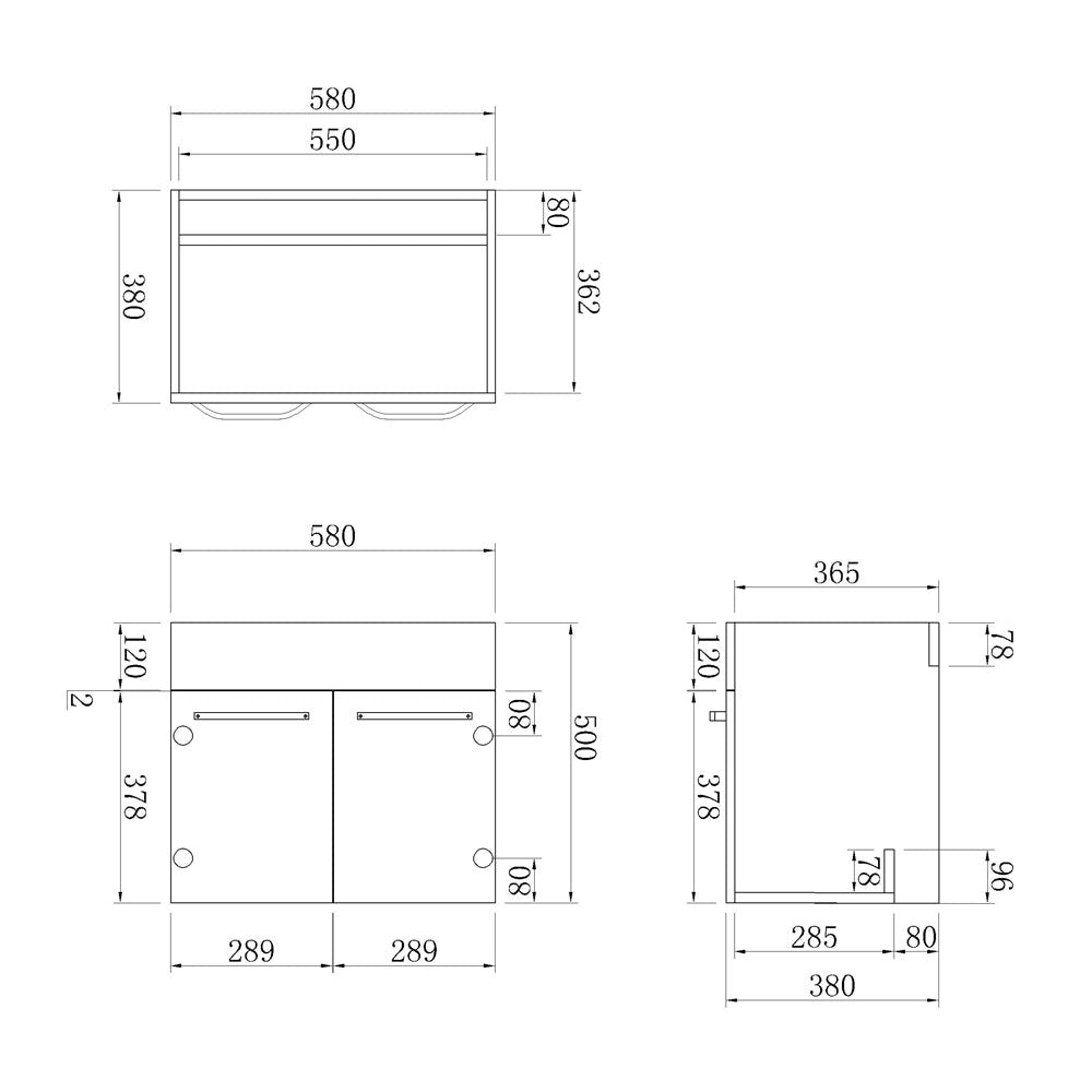 Meuble sous-vasque suspendu 58 cm avec vasque en céramique – vue produit et dimensions