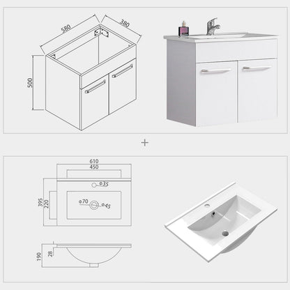 Meuble sous-vasque suspendu 58 cm avec vasque en céramique – dans une salle de bain