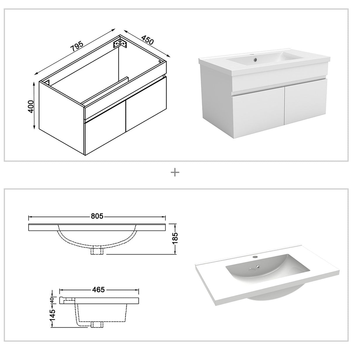 Meuble sous-vasque suspendu 80 cm avec vasque en céramique – vue produit et dimensions