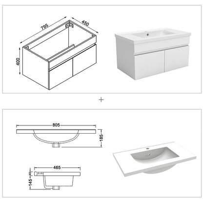 Meuble sous-vasque suspendu 80 cm avec vasque en céramique – vue produit et dimensions