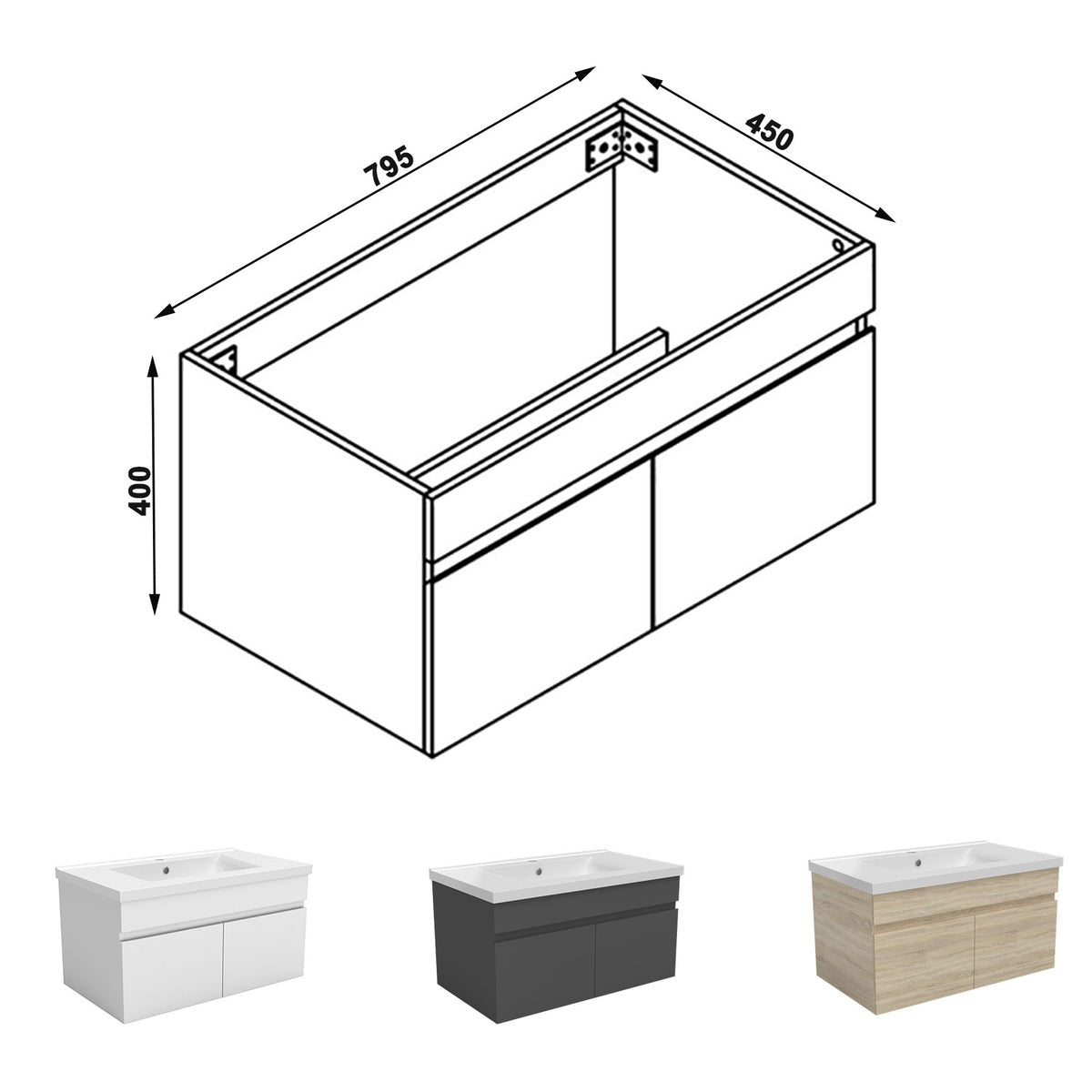 Meuble sous-vasque suspendu 80 cm avec vasque en céramique – vue produit et dimensions