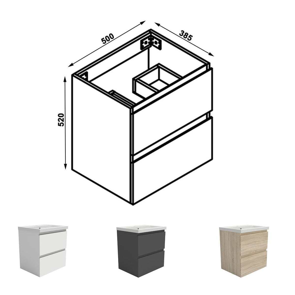 Meuble sous-vasque suspendu 50 cm avec vasque en résine – vue produit et dimensions