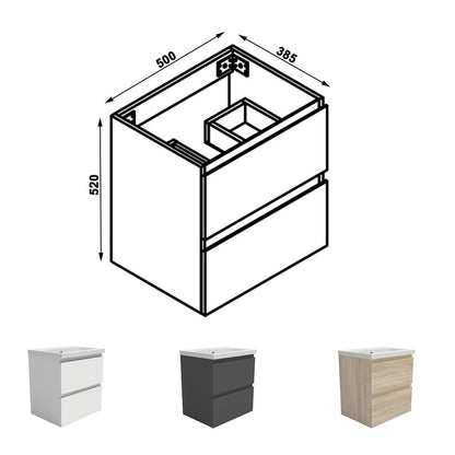 Meuble sous-vasque suspendu 50 cm avec vasque en résine – vue produit et dimensions