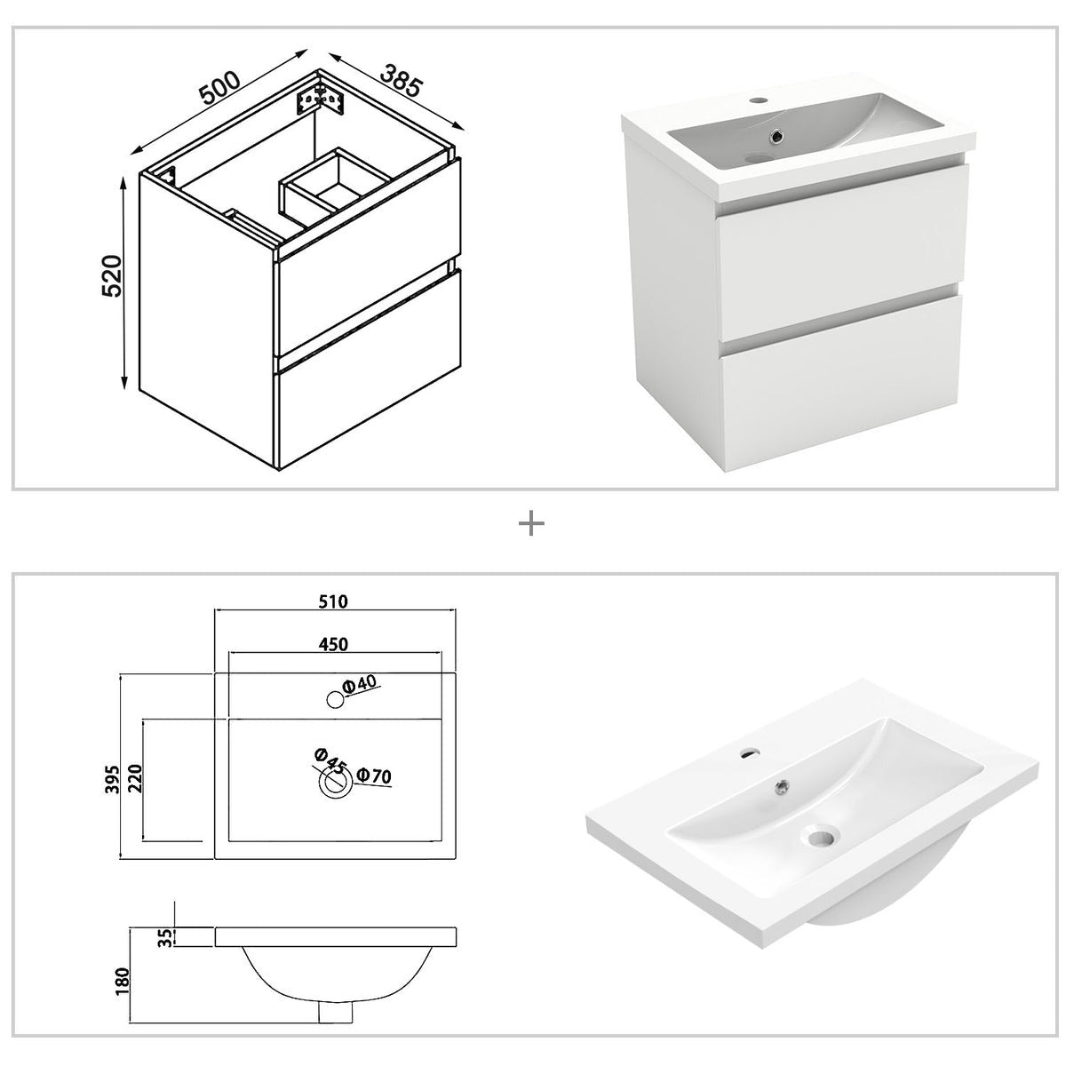 Meuble sous-vasque suspendu 50 cm avec vasque en résine – vue produit et dimensions