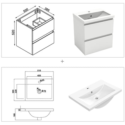 Meuble sous-vasque suspendu 50 cm avec vasque en résine – vue produit et dimensions